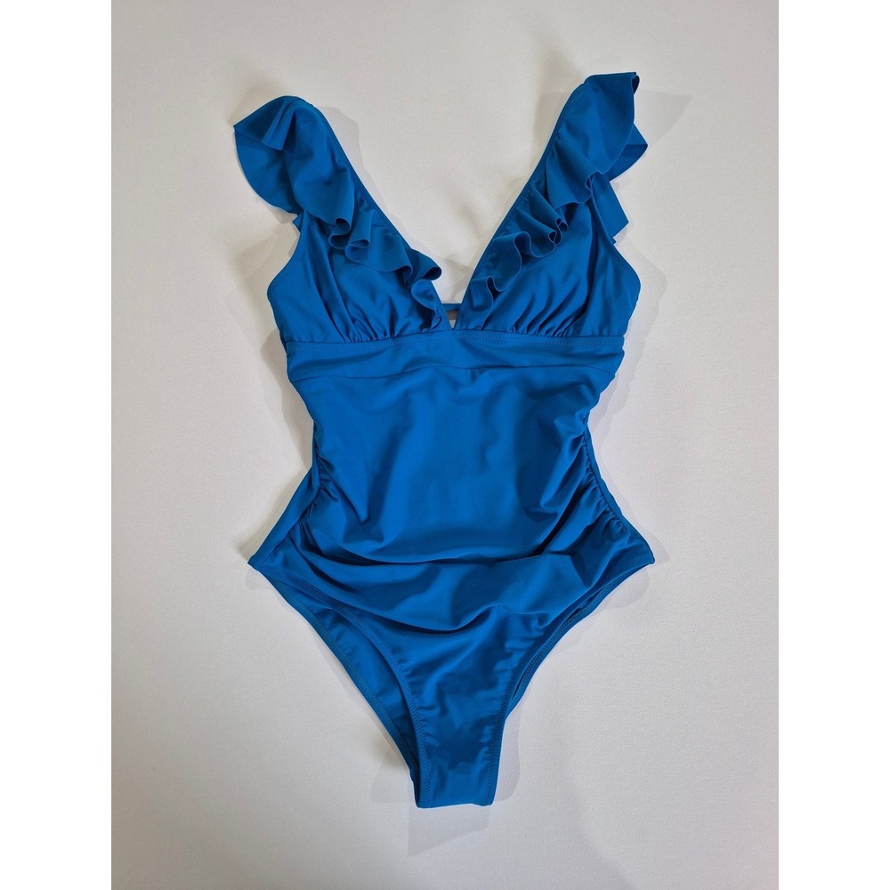 Cupshe Blue Ruffle V-Neck Lace Up One‎ Piece Swimsuit DAA12E3B001TT Size M